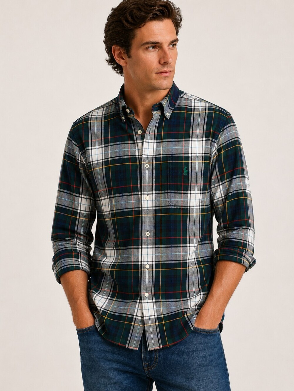 Ralph Lauren Plaid Button-Up Shirt Men’s Large Green Navy Red Cotton
